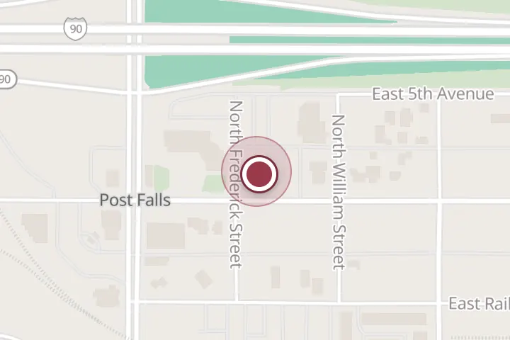 Street map around 201 E 4th Ave #103, Post Falls, with a pin at Acrisure Post Falls, ID (Haddock & Associates)