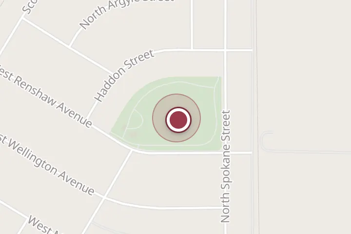 Street map around W Renshaw Ave, Post Falls, with a pin at Crown Pointe Park