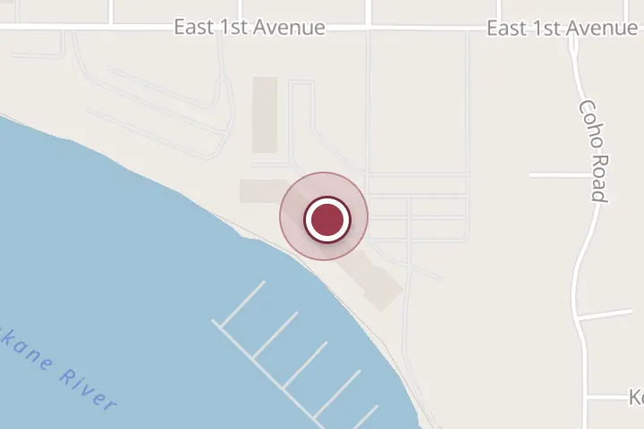 Street map around 414 E 1st Ave, Post Falls, with a pin at Current Kitchen