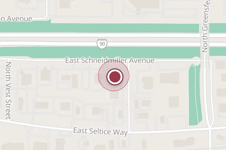 Street map around 1780 E Schneidmiller Ave, Post Falls, with a pin at Dueling Irons Restaurant