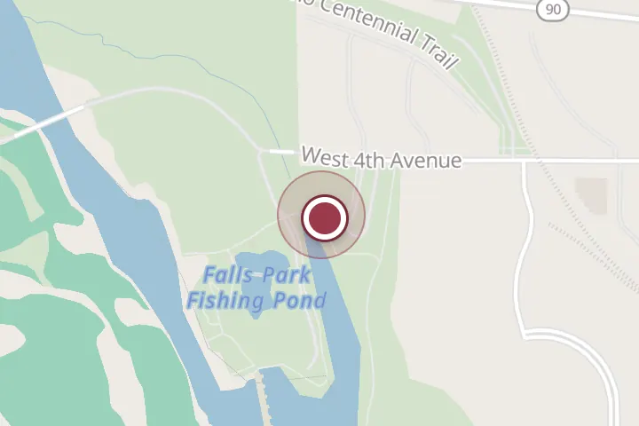 Street map around 305 W 4th Ave, Post Falls, with a pin at Falls Park Amphitheater