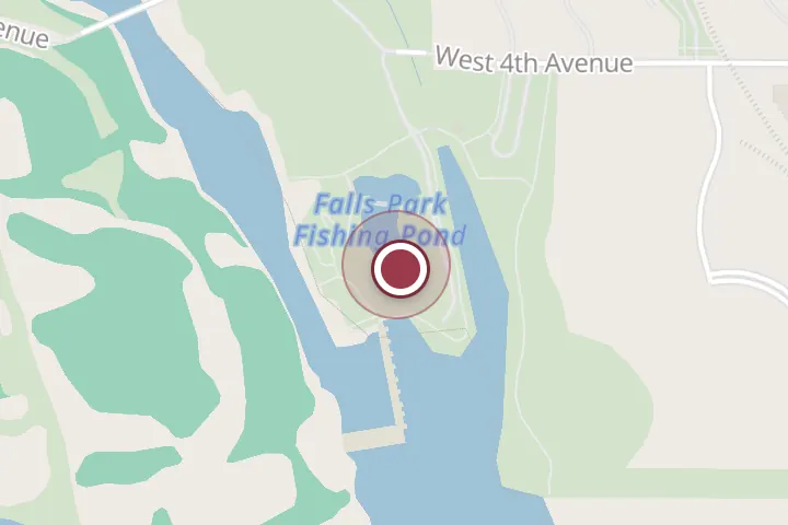 Street map around 305 W 4th Ave, Post Falls, with a pin at Falls Park