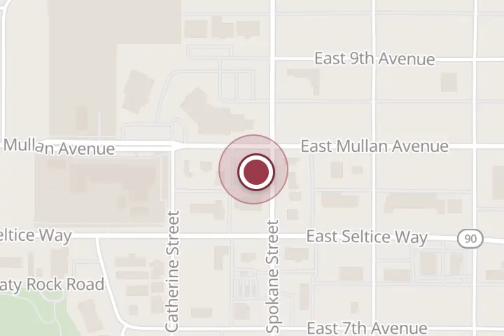 Street map around 101 W Mullan Ave, Post Falls, with a pin at Gentle Dental Care: Mendenhall Ronald E DDS