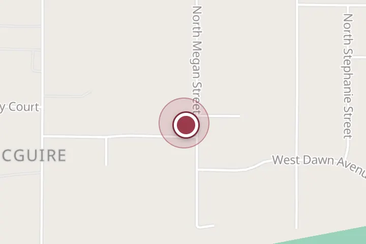 Street map around 525 N Megan St, Post Falls, with a pin at Harly's Creations