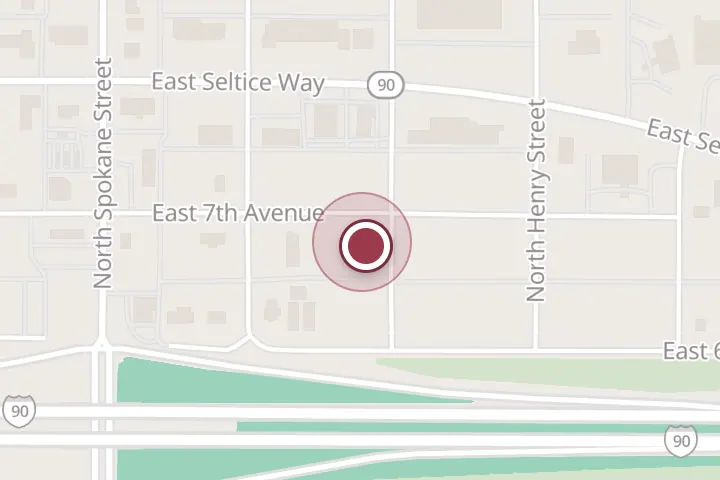 Street map around 212 E 7th Ave, Post Falls, with a pin at Moon River | Thai Kitchen