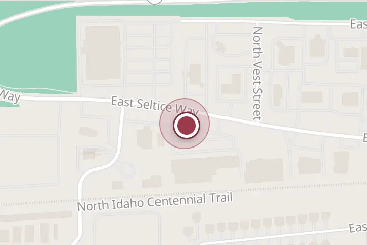 Street map around 1598 E Seltice Way, Post Falls, with a pin at Mugsy's