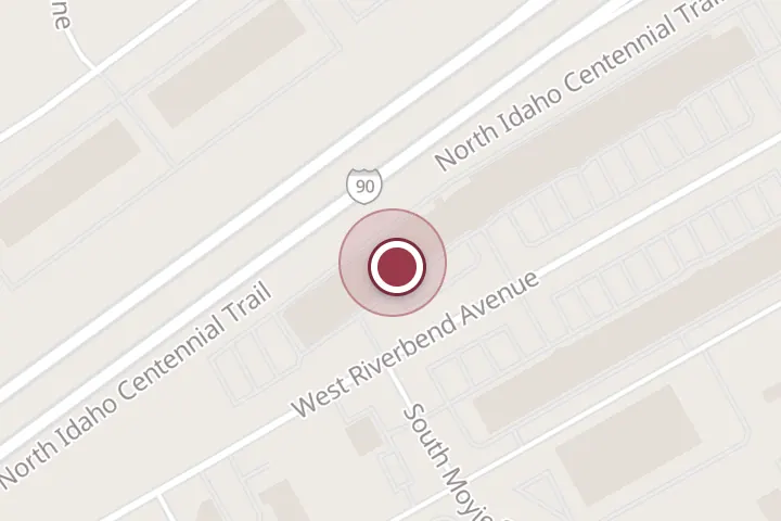 Street map around 4442 W Riverbend Ave, Post Falls, with a pin at RMG Real Estate, Spokane
