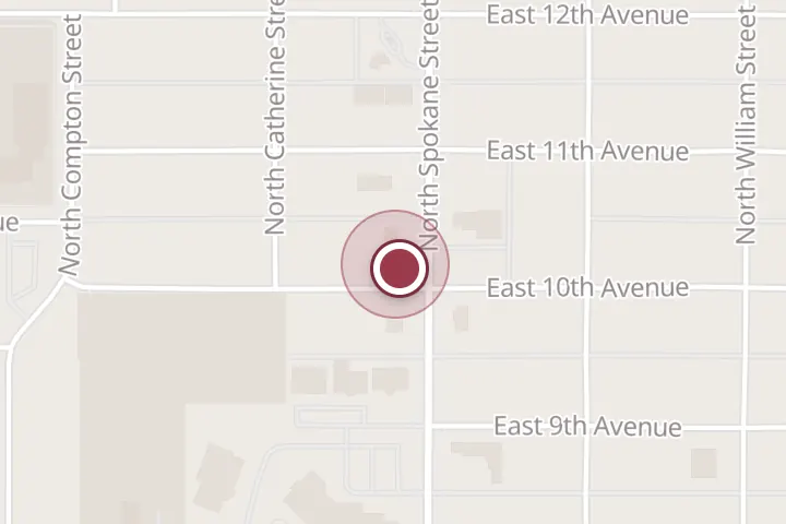 Street map around 1001 N Spokane St, Post Falls, with a pin at Valley Roots
