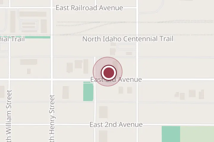 Street map around 503 E 3rd Ave, Post Falls, with a pin at Zack's Mowing and Blowing